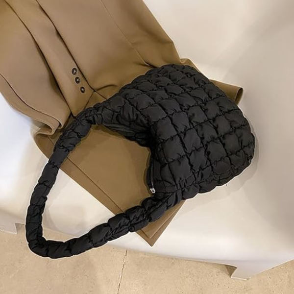 Kvinder Puffer Taske Quiltet Dun Bomuldsfyld Skuldertaske Stor Puffy Tote Taske Vinter Crossbody Håndtaske（SORT）
