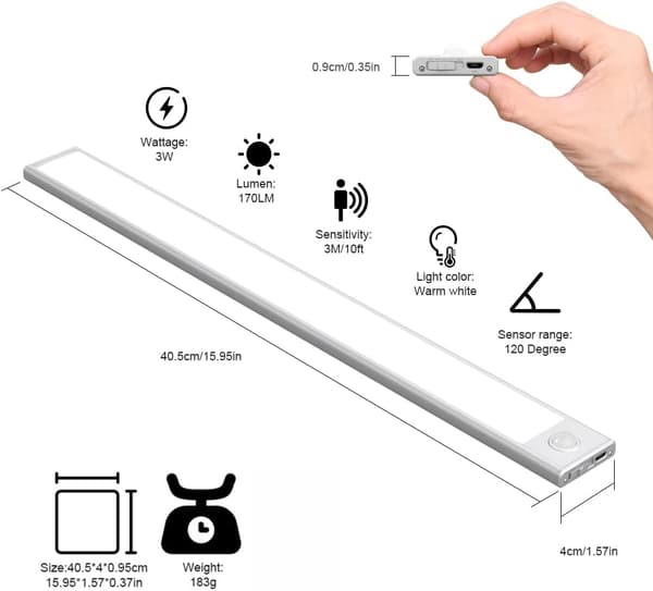 2 st vita smala smarta LED-remsor med rörelsesensor, laddningsbara M