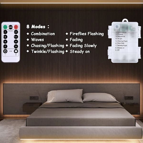 3 m batteridrevne LED-lys med fjernkontroll, 90 LED-lys vanntette, 8 moduser, dimbare, timer, selvklebende, kuttbare, D