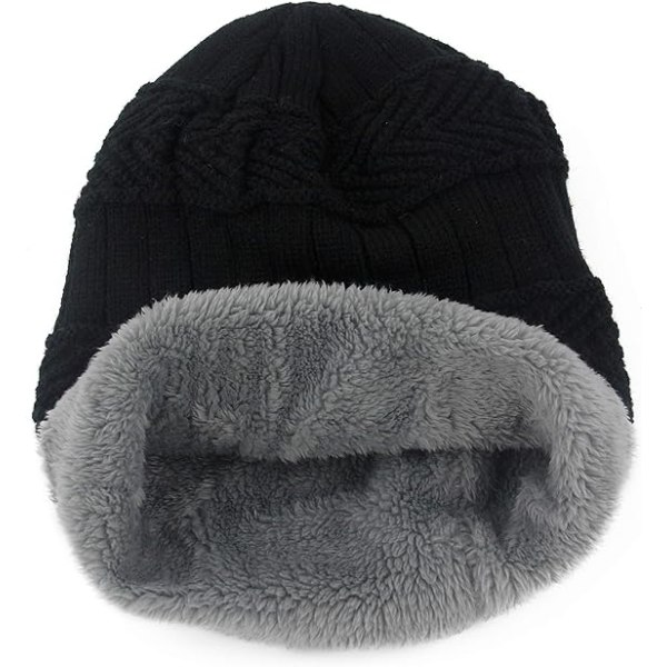 Vinterlue, tykk og varm beanie for kvinner, slouchy skully strikkehatt, svart