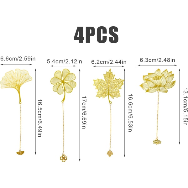 4 stk metall bokmerker med kjede, blad bokmerke med Lotus Ginkgo