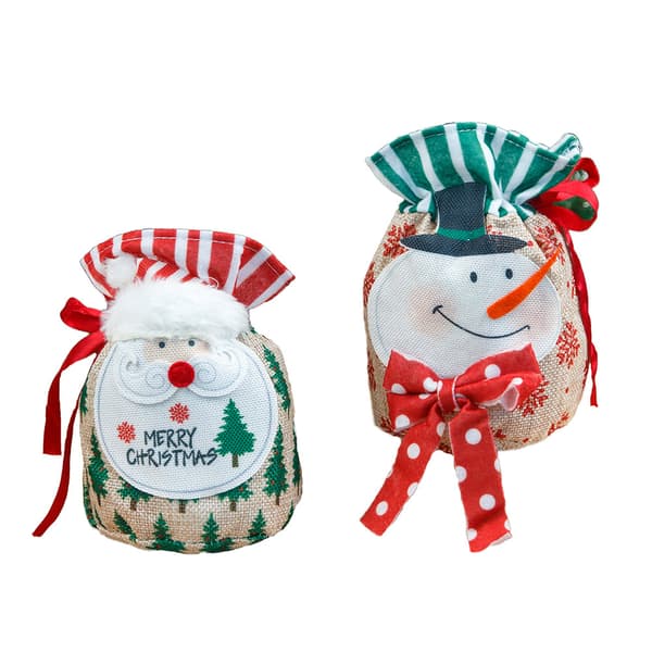 2 juläppelsäckornament i linne, tecknad tomte snögubbe present