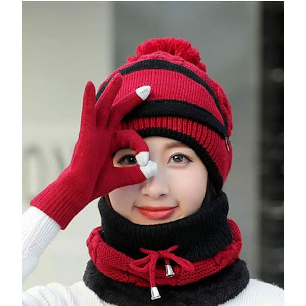 Hatt, hansker, skjerf og ansiktsmaske-sett for kvinner, damer og jenter - Strikket Beanie