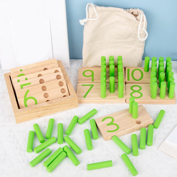 Tretrepinne i tre, pedagogisk leketøy, matematikkleketøy, tellepinner, eske, pinner, innsettingsblokker for småbarn
