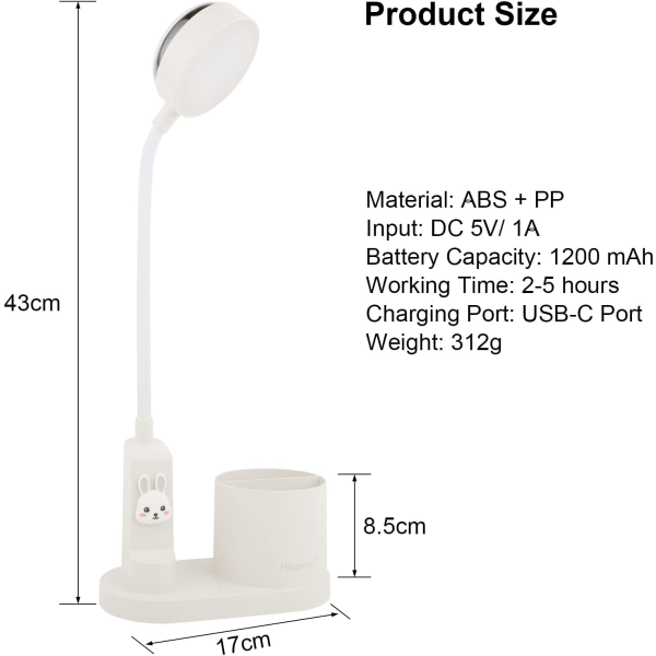 Barnebordlampe, skrivebordslampe med pennholder, automatisk farge