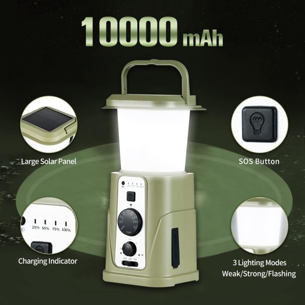 10000mAh Solar håndsving lanterne, nødknap radio, AM/DXGHC