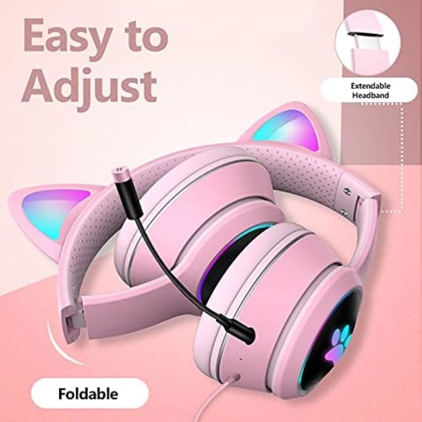 Kabelforbundne Cat-hovedtelefoner LED Gaming Headset til voksne og teenagere, Blu