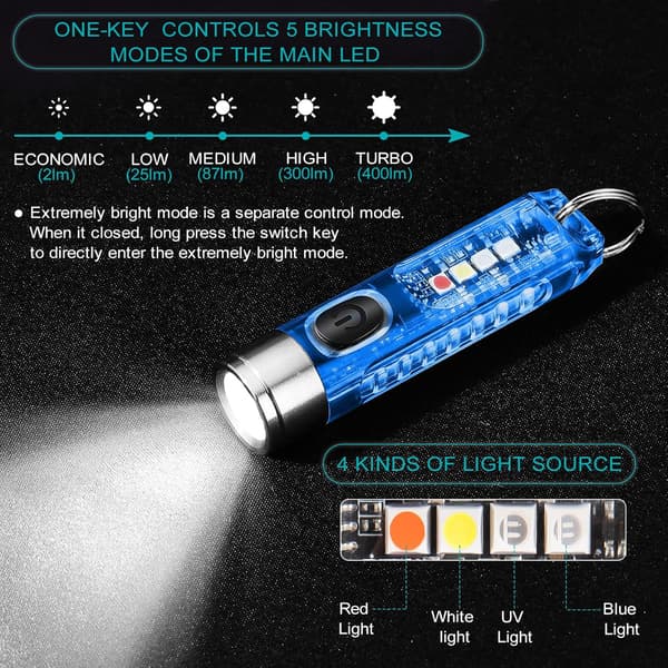 400 Lumen Mini Bærbar LED Lommelykt - 11 Lyse Moduser, USB Oppladbart