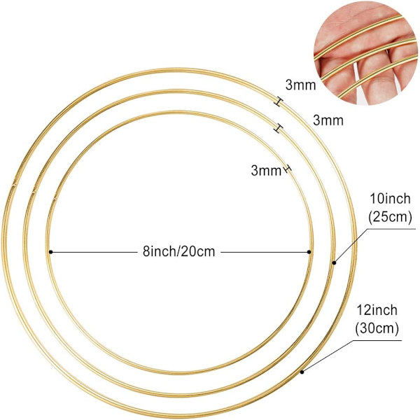6 stk. Metallringer i 3 størrelser (20, 25, 30 cm) for bryllupskrans D