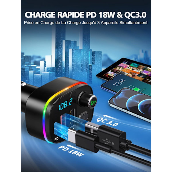 Bluetooth 5.0, QC3.0 & PD 18W USB C Bluetooth Bilsändare med 9 RGB-Bakgrundsbelysning, Bluetooth Bilsändare som Stöder h