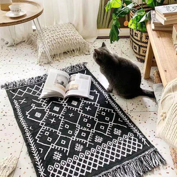 1 kpl Boho kylpyhuonerug, Boho matto keittiön juoksumattoon musta ja valkoinen