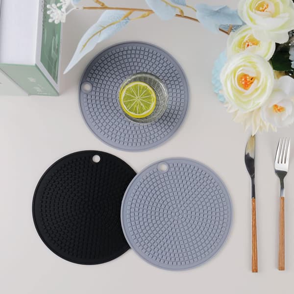 (Granulert Svart) 2 stk Runde Silikon Trivet Gryteunderlag, Ext