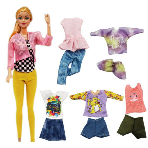 7-delat set med 30cm Barbie docka kläder Modekostym Ny främmande
