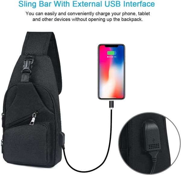 Skulderbagg for menn, brystbagg med USB-lading og hodetelefonuttak