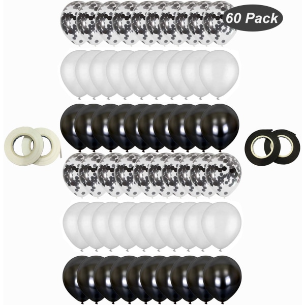 Sorte og hvide latexballoner, 60 stk. Konfettiballoner/Helium Balloner