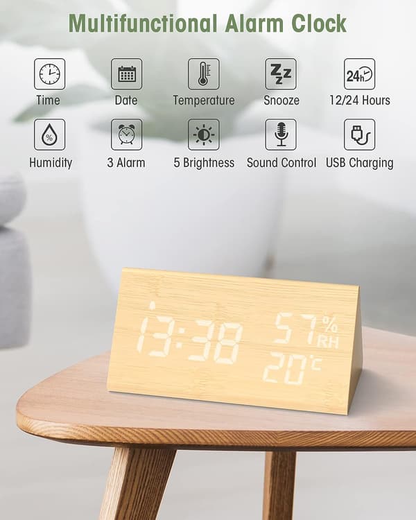 Trä Digital Väckarklocka, Digital Klocka med Snooze/Datum/Temperatur