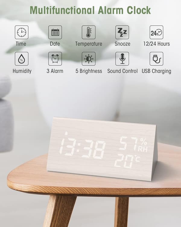 Trä Digital Väckarklocka, Digital Klocka med Snooze/Datum/Temperatur