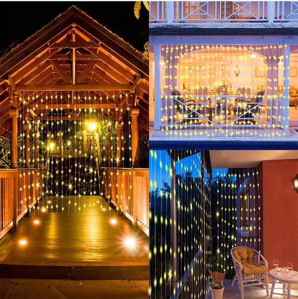 Utendørs Solcelledrevne Lyslenker, 3x3m 300 LED Gardinlys, 8 Moduser