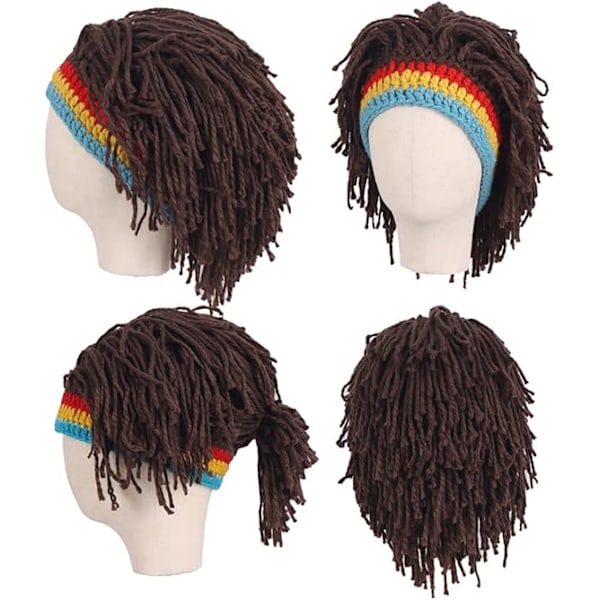 Mænd Strikhue med Hår Drenge Sjov Håndlavet Strik Vinterhue Beanie Rasta Hue med Dreadlocks(brun)
