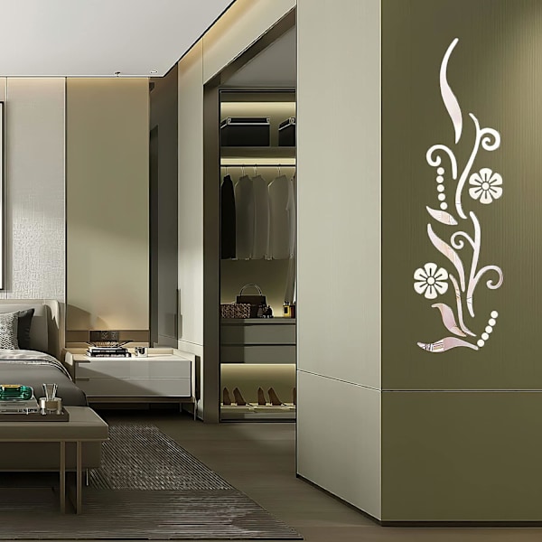 3D Blomster Spegel Väggdekal Silver för Sovrum Vardagsrum Soffa