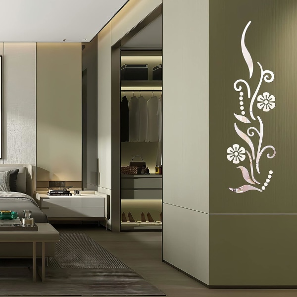 3D Blomster Spejl Wall Sticker Sølv til Soveværelse Stue Sofa
