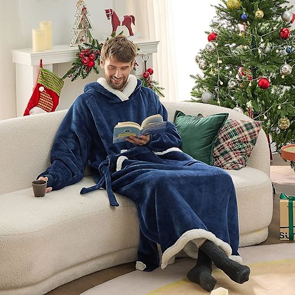 Oversized bærbart pledd-hettegenser, lang Sherpa fleece pledd-genser