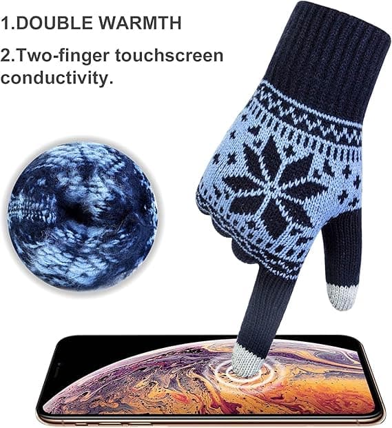 3 Par Touchscreen-Handsker Snefnug, Varme Strikket Vinterhandsker