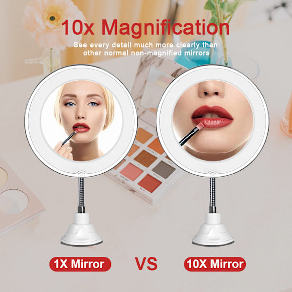1 pakke 10x forstørrelsesspejl til makeup med LED-fyldlys
