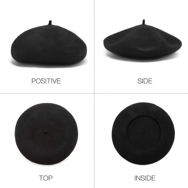 Dame Ullfransk Beret Beanie Vinterhatt Floppy Cap-Svart