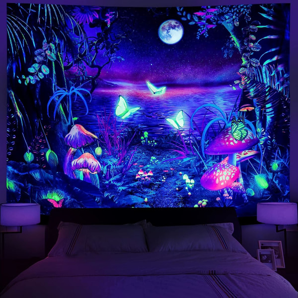 Svartlys Fantasy Forest Veggteppe Trippy Mushroom Tapestry UV