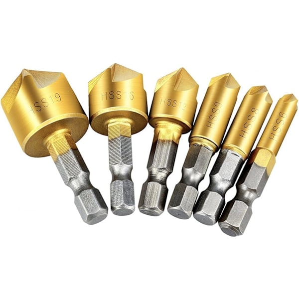 6 stk. Træbearbejdnings-Countersinks, 90° HSS Konisk Countersink, Carbi