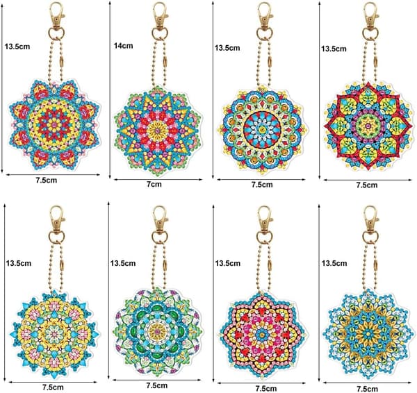 8 st 5D Diamantmålning Mandala Nyckelringar med Rhinestone Mandal