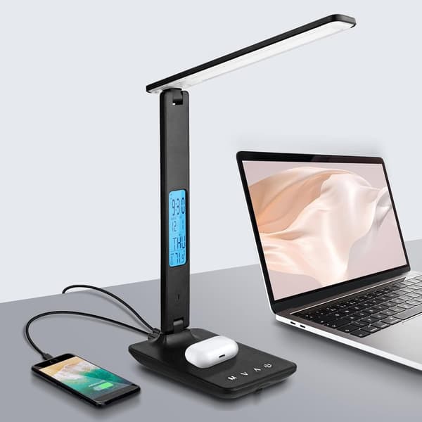 (Sort) LED Bordlampe med Trådløs og USB-oplader, Fleksibel Justerbar
