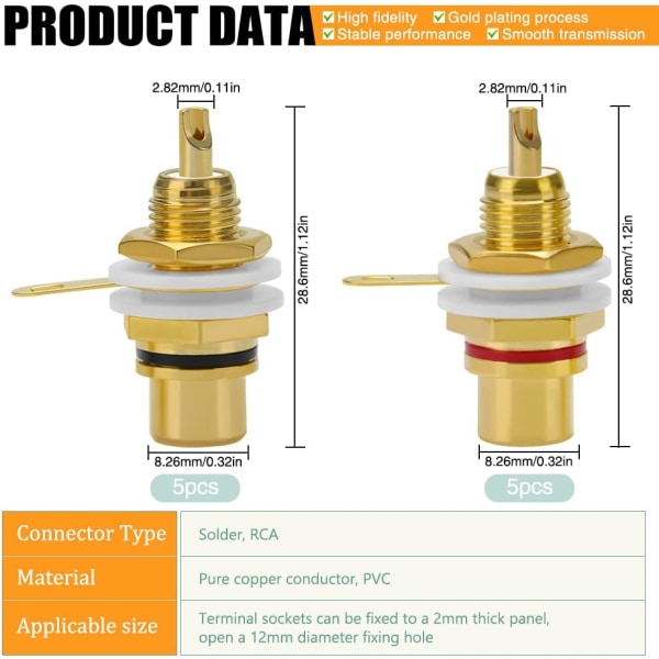 10 stk. RCA-terminaler, guldbelagte kobber RCA-terminaler, RCA DXGHC