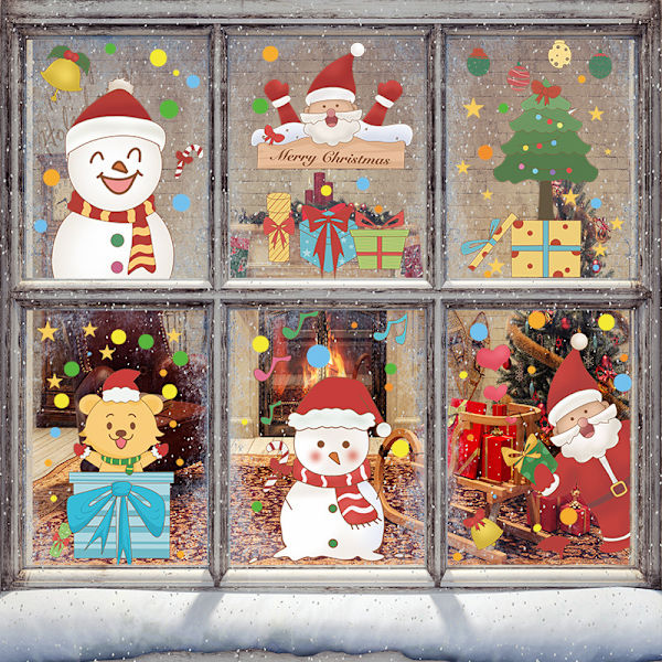 2 tecknade jultomtar julgran snögubbe present glasfönster