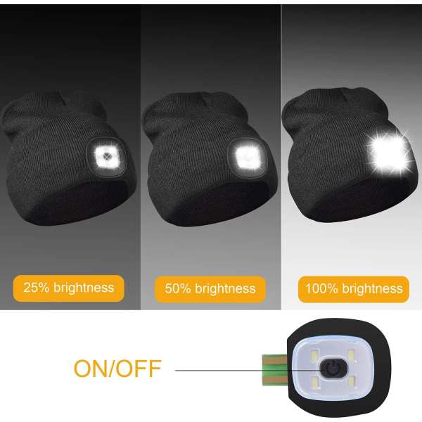 Beanie Hat med Lys, USB Genopladelig LED Beanie Hat med 3 Lysstyrker