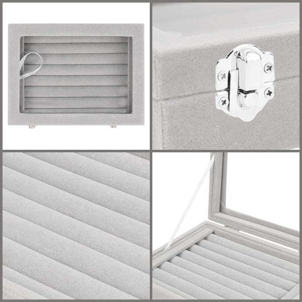 Grå Fløjl Glas Ring Organiser, 7 Sektioner - Etui til Ringe, Cu
