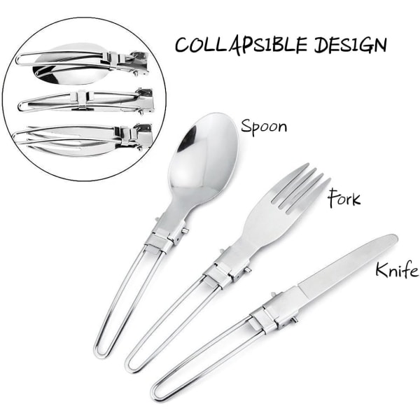 Set med 3 små hopfällbara lätta sked och gaffel i rostfritt stål