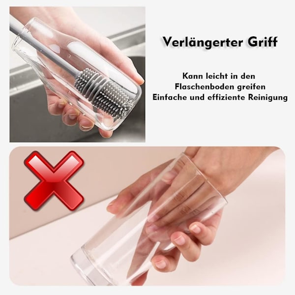 Flaskebørste, Langskaftet Rengøringsbørste, Silikon Opvaskbørste, 3 stk.