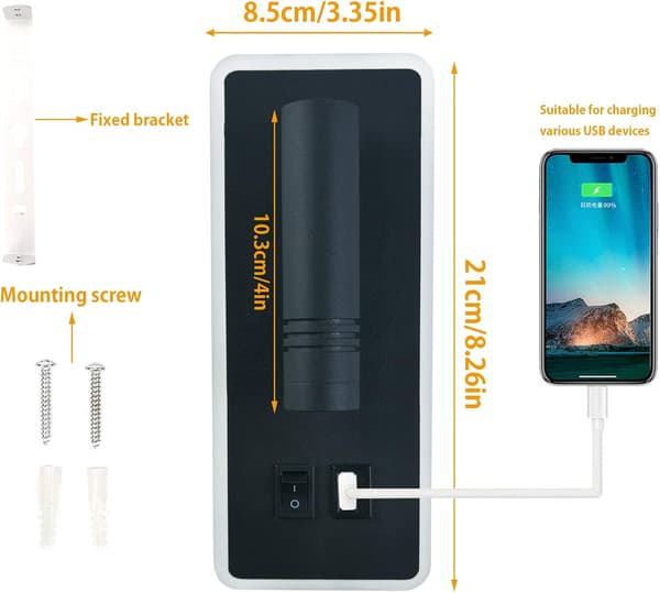 LED Vegglampe, 9W, Sengelampe med USB-lading