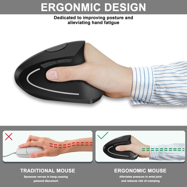 Ergonomisk mus, oppladbar trådløs mus, 2,4 GHz oppladbar