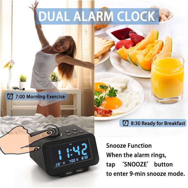 Digital väckarklocka, FM-radio, dubbla USB-laddningsportar, temperatur