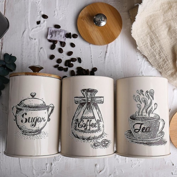 3st Retro Kök Förvaringsburkar Te Kaffe Sockerbehållare Plåt DXGHC