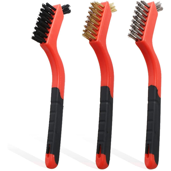 Sett med 3 wirebørster med buet håndtak, messing/nylon/rustfritt stål