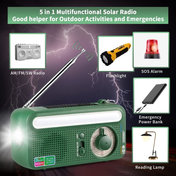 （Grön） Solar Crank Radio Bärbar uppladdningsbar radio med AM/FM/S