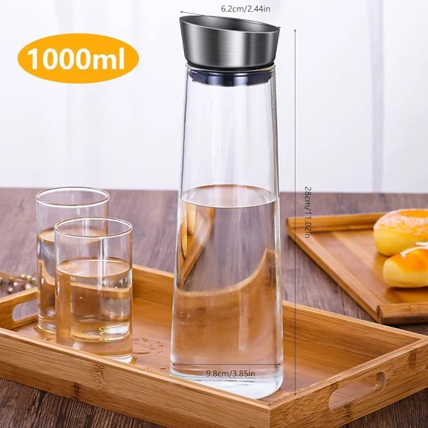 Glaskaraffel, 1 liter lækagesikker glaskaraffel med låg i rustfrit stål til vand, mælk, juice og limonade