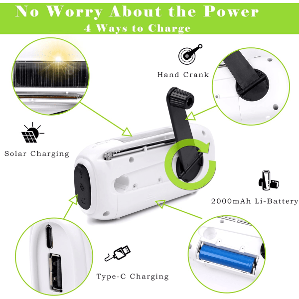 （Valkoinen）Käsikäyttöinen radio, aurinkoenergialla toimiva kannettava hätätilanteen AM/FM-radio