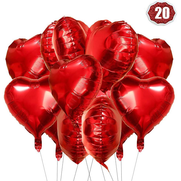 Røde Hjerteballoner 20-pak, Hjerteformede Balloner, Folieballoner, H