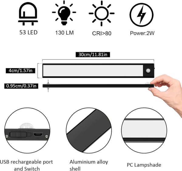 2 stk. Skablampe, 30cm, Trådløs, USB Opladbar, Bevægelsessensor