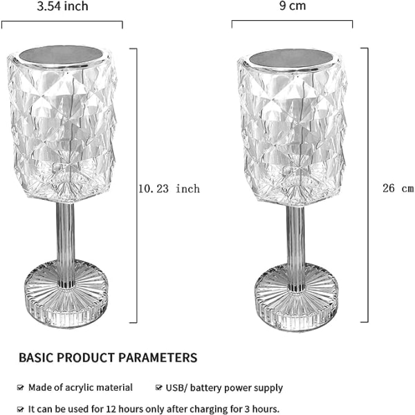 Oppladbar Rose Shadow Bordlampe,Crystal Wine Glass,Touch og